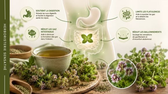 Illustration des bienfaits digestifs de l'origan pour soulager les ballonnements, les flatulences et les gaz intestinaux naturellement - Herboristerie Sensathé Illustration des bienfaits digestifs de l'origan pour soulager les ballonnements, les flatulences et les gaz intestinaux naturellement - Herboristerie Sensathé
